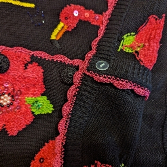 Vtg. Pink flamingos Cardigan flowers beaded/sequined Black knit short sleeve  XL - Picture 5 of 12